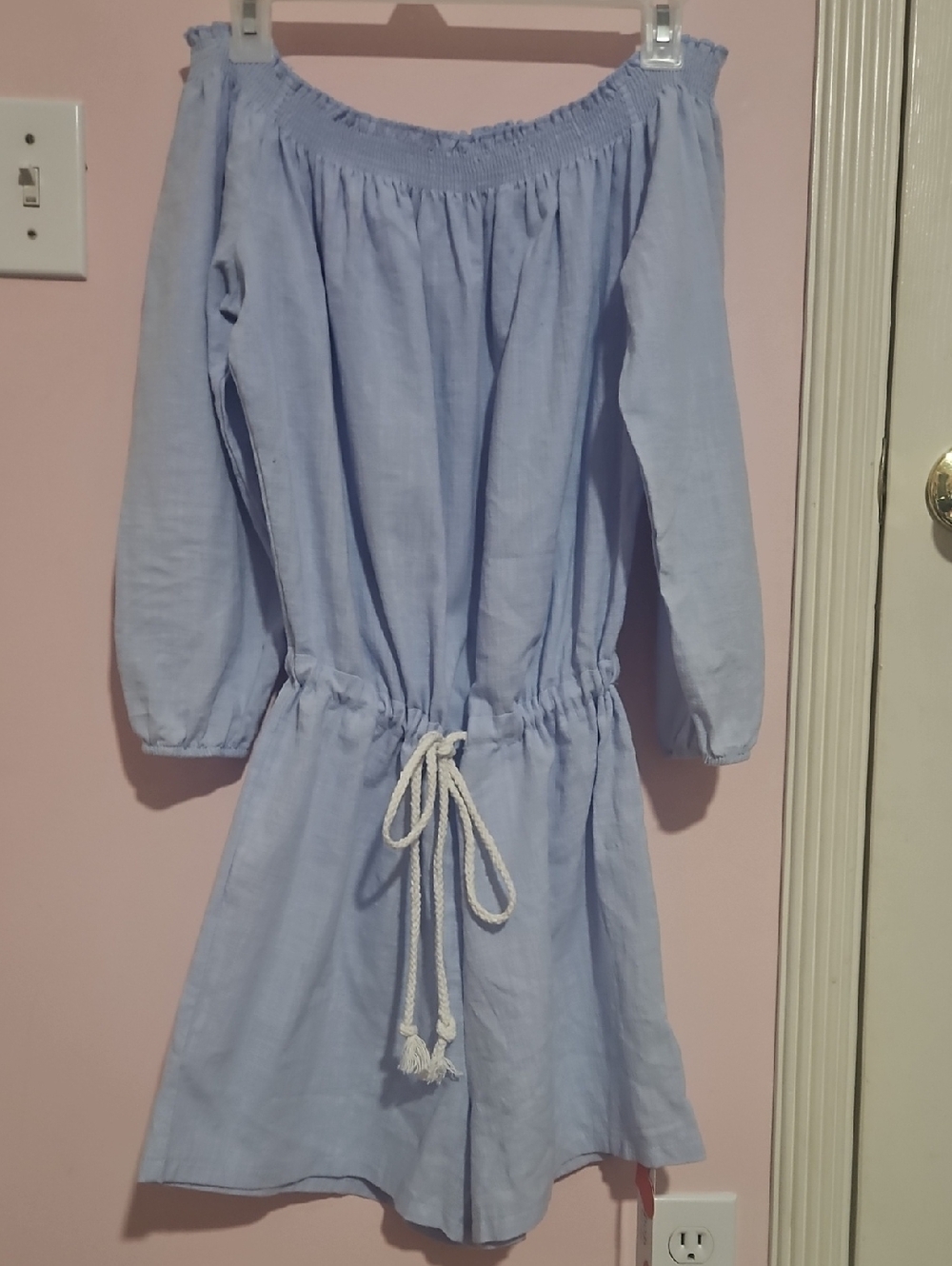 Light Blue Off-Shoulder Kids XL Or Adult S  Jumper with Drawstring Waist